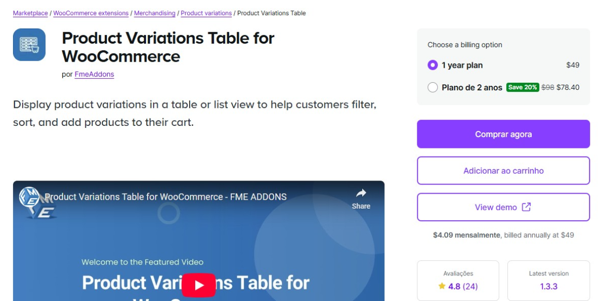 woocommerce Variations Table